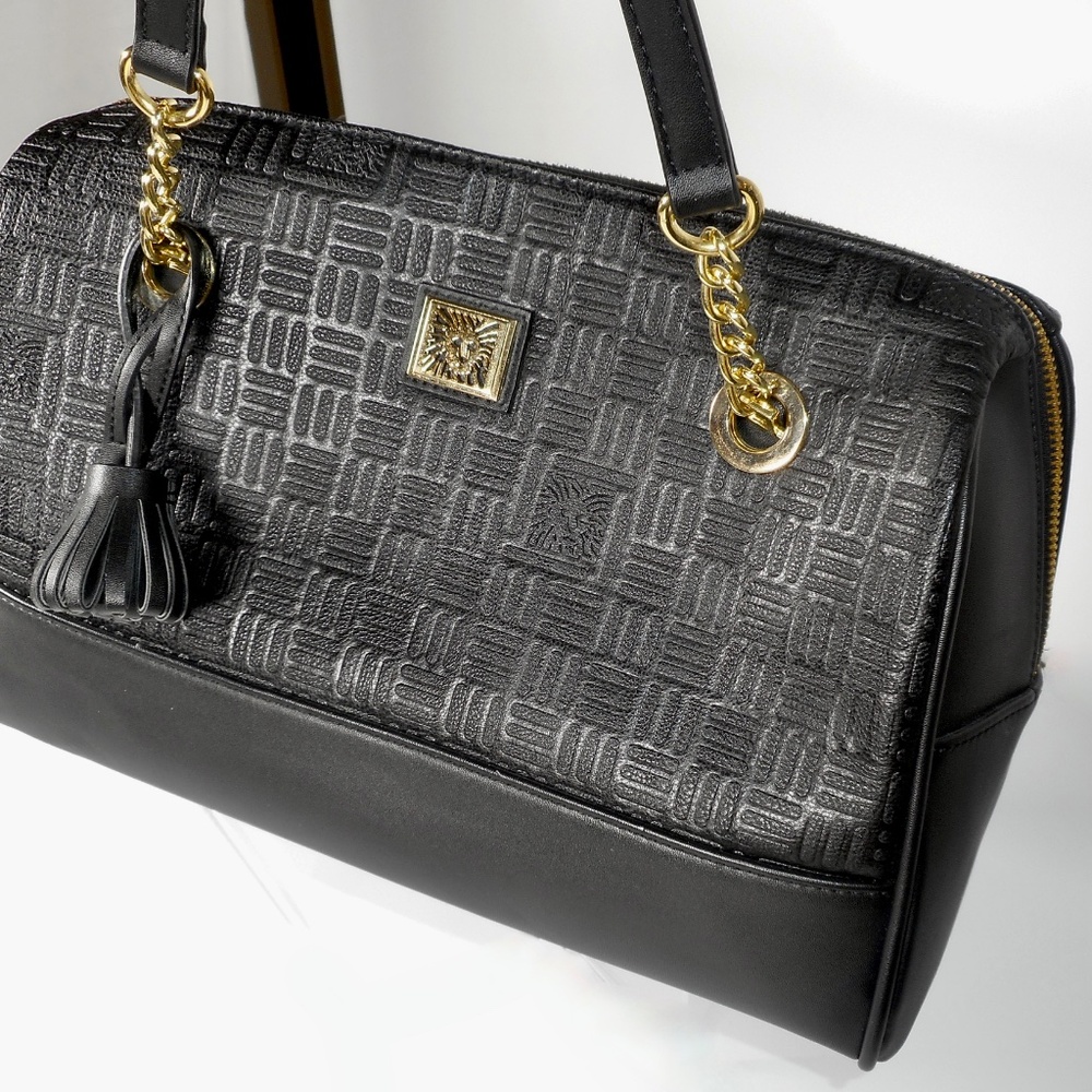 Anne Klein Black Satchel Shoulder Hand Bag Pattern Zipper Gold Chain Tassel NEW